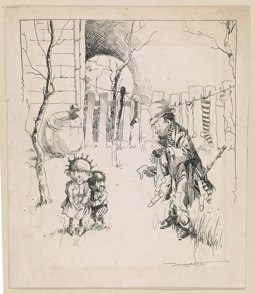 Man with socks hung on a line, two children nearby