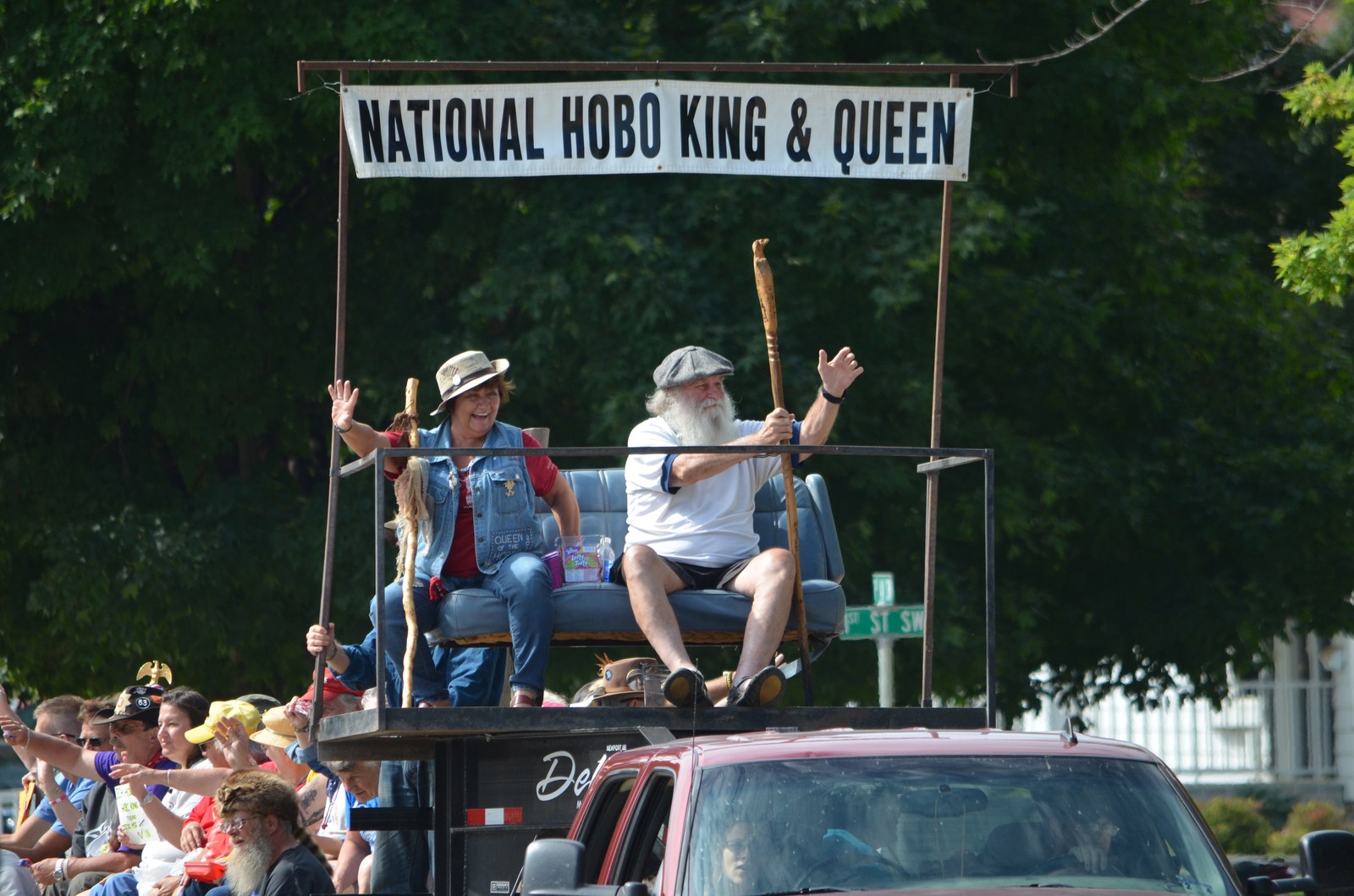 John Songbird McCue and Miss Cindy Lou riding in the 2015 Britt Hobo Days parade before the next King and Queen are chosen